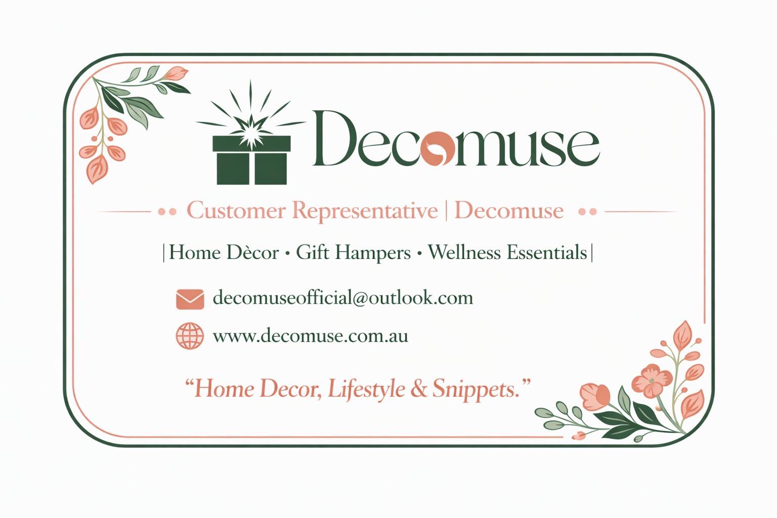DecoMuse contact card — Customer Representative · decomuseofficial@outlook.com · www.decomuse.com.au