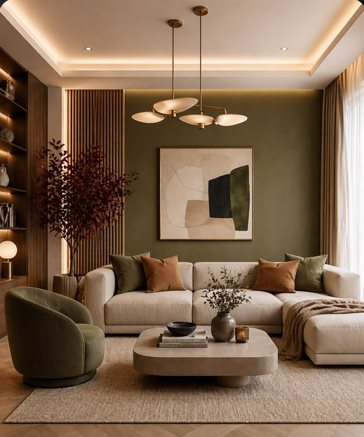 An elegant, warmly styled living room in eucalyptus green and soft neutrals